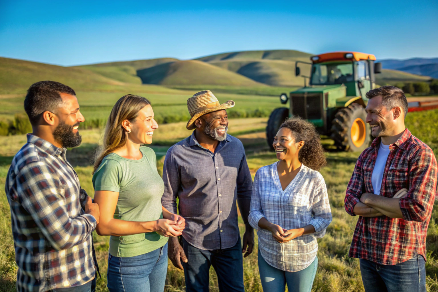 A group of diverse farmers in casual work attire, gathered in a field with rolling hills and farm equipment in the background, all smiling and engaged in conversation, under a clear blue sky