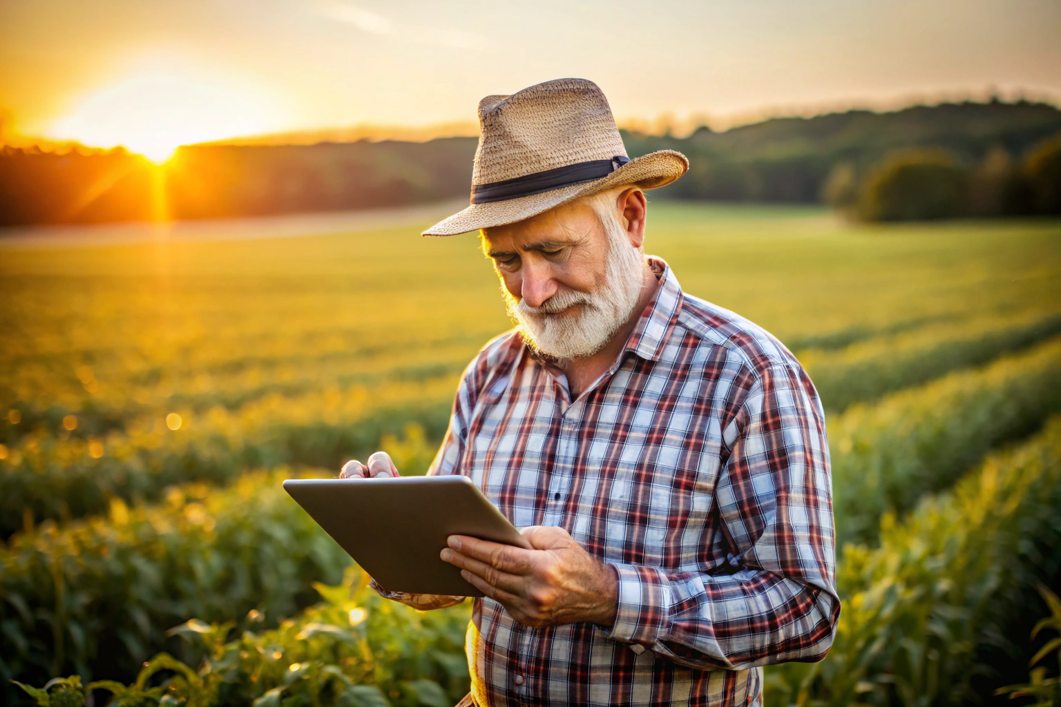 A detailed, professional image of a farmer using a tablet in a field, with crops in the background, symbolizing modern agricultural technology and resources, completely free of any text or branding